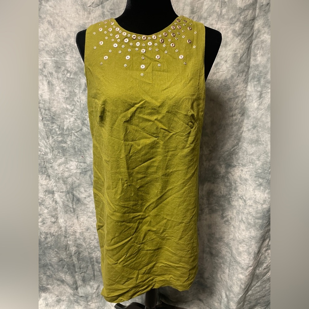 Olive green mini dress Vintage vibe Gold circle Detail Wedding Guest, Boho